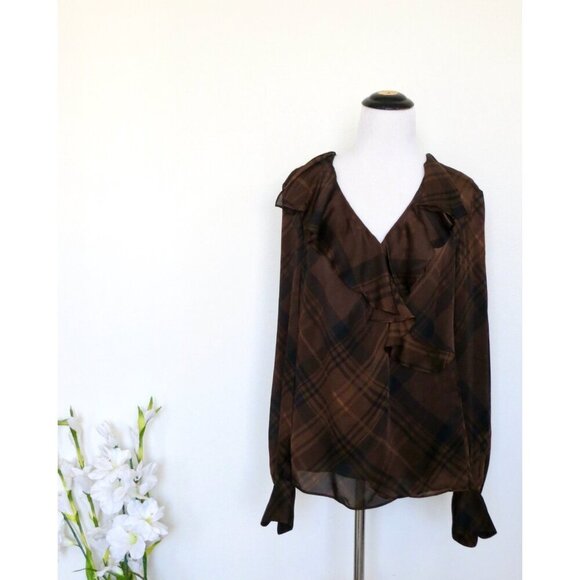 NEW! Lauren Ralph Lauren 100% Silk Wrap Blouse Plaid V-neck Ruffles Brown SZ 10 - Picture 2 of 7
